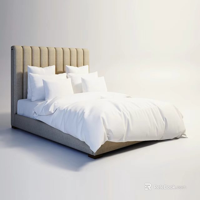 Modern Double Bed With Light Gray Vertical Striped Headboard And White Bedding 3d model