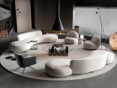 Modern White Sofa Coffee Table Set With Round Glass Top Fireplace And Floor Lamps 3d model