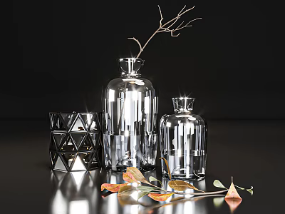 Decorative Ornament Set with Transparent Glass Vases Geometric Metal Container Dried Branches and Fallen Leaves 3d model