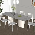 Modern White Dining Table Set With Six Woven Chairs Green Plant Vase And Fruit Plate