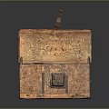 Vintage Carved Brown Trunk With Open Lid Metal Lock And Handle