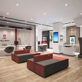 Modern Service Hall Interior Design With Reception Desk Red Sofas And Display Shelves 3d model