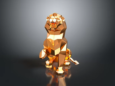 Golden Geometric Lion Sculpture With Low Poly Design And Reflective Surface On Black Background 3d model