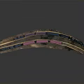 Model Train on Curved Wooden Track with Colorful Carriages and Support Pillars