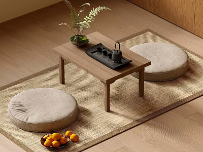 Japanese Style Tea Corner With Wooden Table Tea Set Green Plant And Round Cushions 3d model