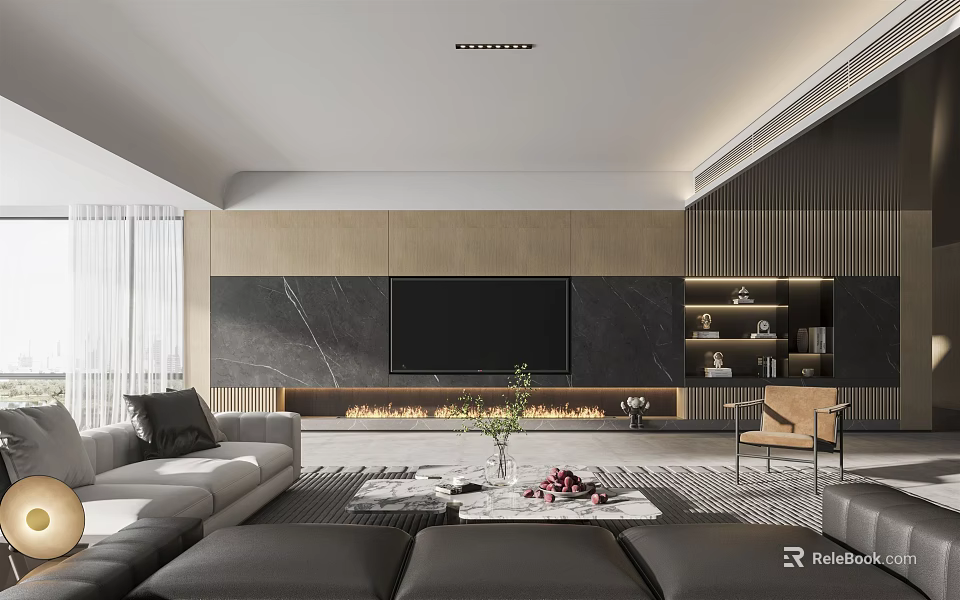 Modern Minimalist Living Room Interior With Gray Sofa Marble TV Wall Fireplace And Coffee Table Decorations 3d model 