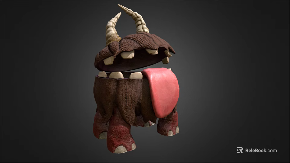 Fantasy Creature Character 3D Model With Brown Body Curved Horns Red Tongue And Sharp Teeth 3d model 