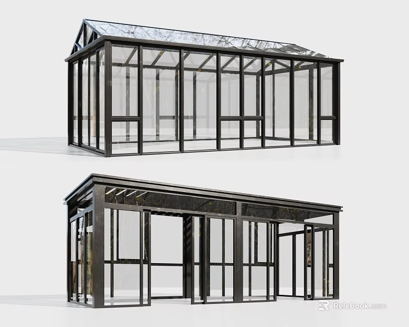 Modern Glass House Structure With Black Frame And Transparent Glass Roof Design 3d model 