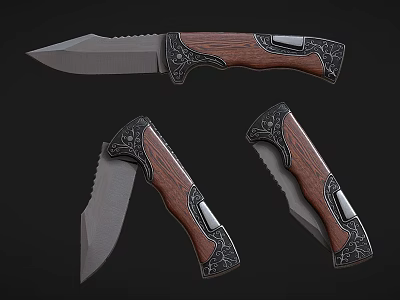Tactical Knife With Serrated Blade Wooden Handle And Decorative Pattern Design 3d model