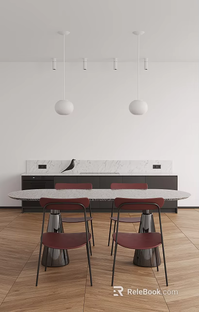 Modern Round Dining Table Set With Red Chairs White Pendant Lights And Marble Backsplash 3d model