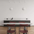 Modern Round Dining Table Set With Red Chairs White Pendant Lights And Marble Backsplash 3d model