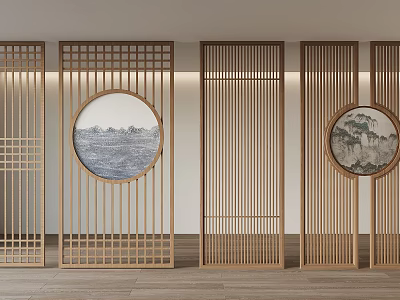 Traditional Chinese Wooden Partition With Lattice Design And Circular Landscape Paintings 3d model