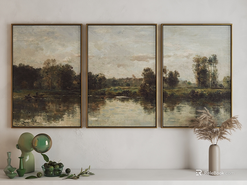 Triptych Landscape Paintings Depicting Serene Natural Scene With Trees And Calm Water Surface 3d model 
