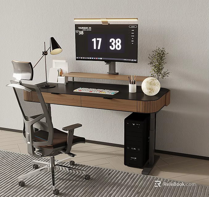 Modern Office Desk With Monitor Keyboard Lamp Pen Holder Potted Plant And Black Cabinet 3d model 