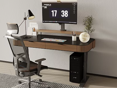 Modern Office Desk With Monitor Keyboard Lamp Pen Holder Potted Plant And Black Cabinet 3d model