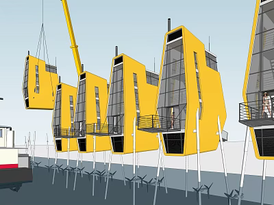 Yellow Detached Villas Being Lifted by Crane With Balconies Glass Windows Near Wind Turbines 3d model