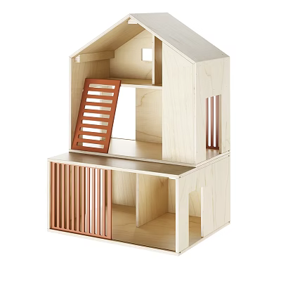 Wooden Two Story Toy House With Light Wood And Brown Shutter Details 3d model