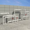 White Pipes Structure With Red Valves Against Gray Wall And Gray Concrete Floor