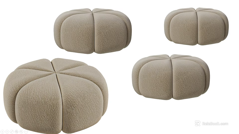 Four Modern Comfortable Beige Round Upholstered Velvet Stools With Segmented Design 3d model