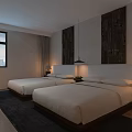 Homestay Guest Room With Twin Beds Table Lamps Wooden Floor And Decorative Wall