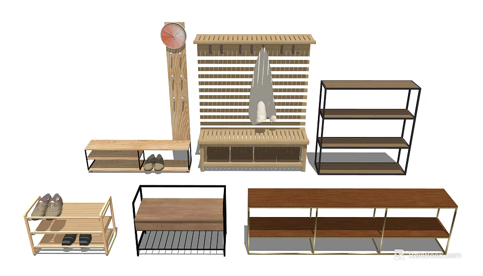 Modern Shoe Cabinet Various Designs With Wooden Shelves Metal Frames And Seating Bench 3d model 