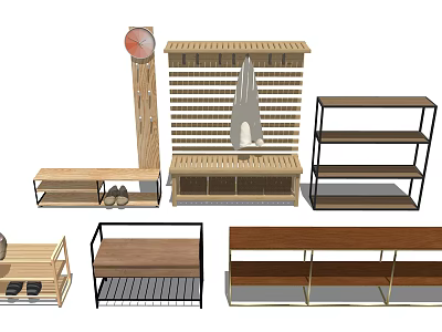 Modern Shoe Cabinet Various Designs With Wooden Shelves Metal Frames And Seating Bench 3d model
