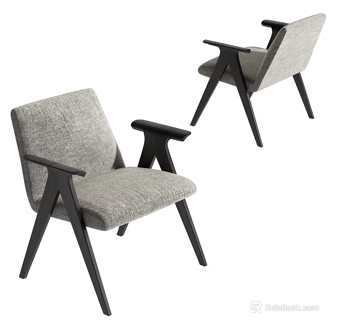 Modern Dining Chairs Upholstered In Grey Fabric With Black Wooden Armrests Legs 3d model 