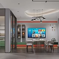 Modern Lobby Interior With Reception Desk Multiple Doors Red Decorative Wall And Gray Flooring