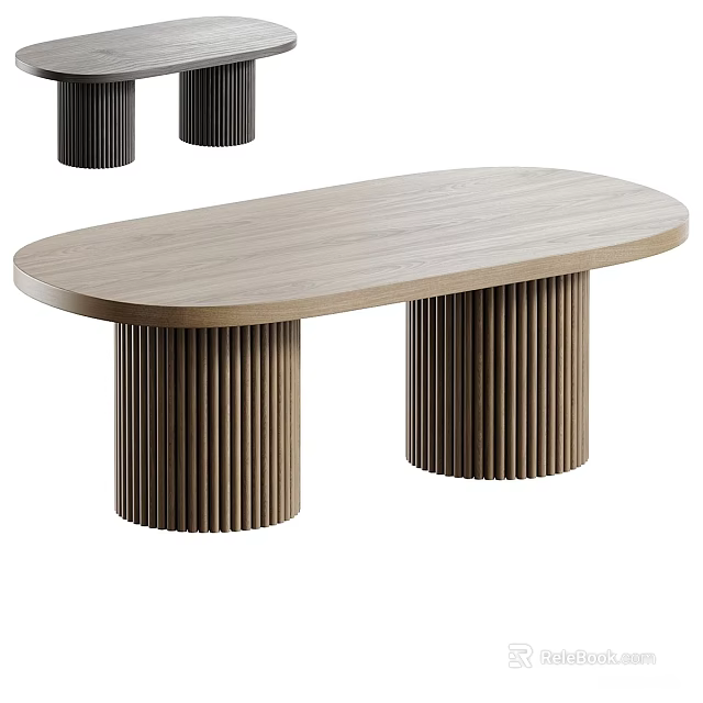 Oval Wooden Dining Table With Fluted Cylindrical Legs Modern Design 3d model 