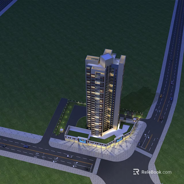 Modern High Rise Residential Building With Ground Floor Plaza And Green Area Surrounded By Roads 3d model 