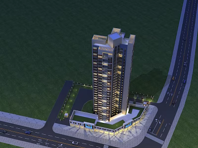 Modern High Rise Residential Building With Ground Floor Plaza And Green Area Surrounded By Roads 3d model
