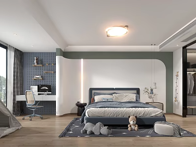 Kids Room Interior With Blue Bed Stuffed Toys Study Desk Chair And Decorative Rug 3d model
