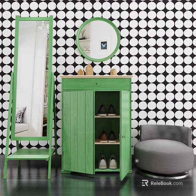 Green Shoe Cabinet With Shoes And Decorative Items Against Black And White Polka Dot Wall 3d model 