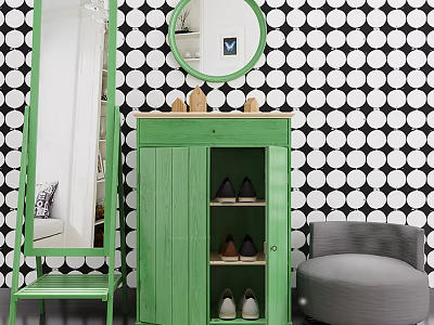 Green Shoe Cabinet With Shoes And Decorative Items Against Black And White Polka Dot Wall 3d model