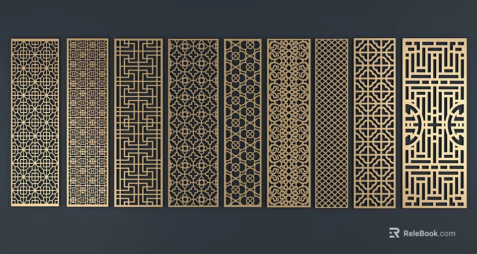 Ornate Gold Room Dividers With Various Intricate Geometric Traditional Patterns 3d model 