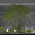 Tranquil Indoor Landscape With Large Tree Textured Stone Wall And Green Plants