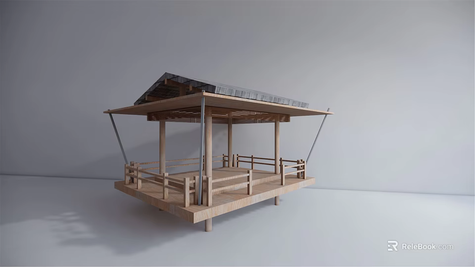 Wooden Pavilion Structure With Sloped Roof and Wooden Railings On Elevated Platform Design 3d model 