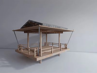 Wooden Pavilion Structure With Sloped Roof and Wooden Railings On Elevated Platform Design 3d model