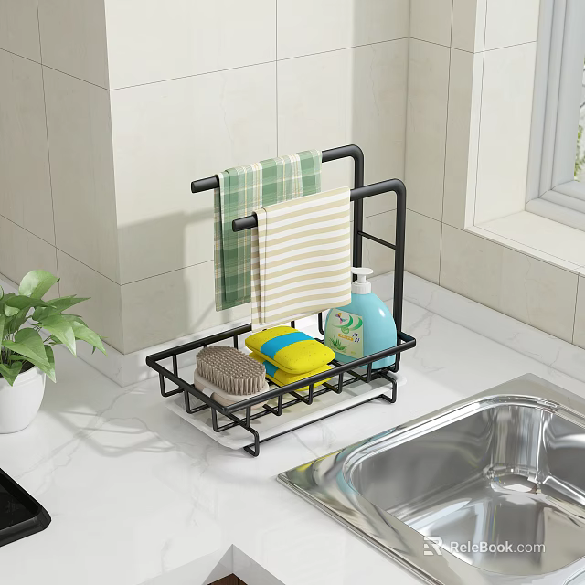Black Kitchen Organizer Rack With Dish Sponge Cleaning Cloths And Towel Beside Sink 3d model 