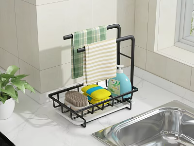Black Kitchen Organizer Rack With Dish Sponge Cleaning Cloths And Towel Beside Sink 3d model