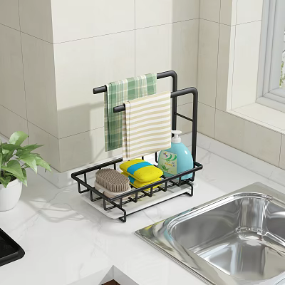 Black Kitchen Organizer Rack With Dish Sponge Cleaning Cloths And Towel Beside Sink 3d model