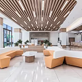 Modern Service Hall Interior With Spacious Space Orange Seats Service Counters And Wooden Ceiling