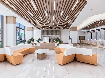 Modern Service Hall Interior With Spacious Space Orange Seats Service Counters And Wooden Ceiling 3d model