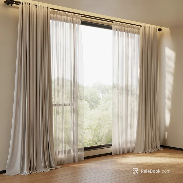 Room Interior With Large Window Light Colored Curtains Green Trees Outside And Wooden Floor 3d model 