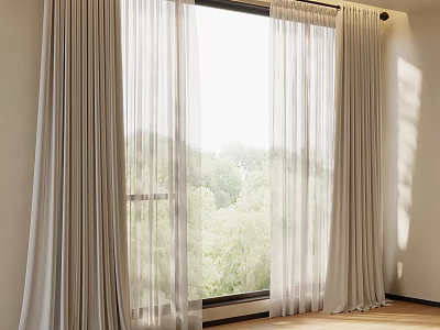 Room Interior With Large Window Light Colored Curtains Green Trees Outside And Wooden Floor 3d model