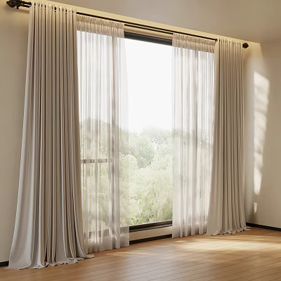 Room Interior With Large Window Light Colored Curtains Green Trees Outside And Wooden Floor 3d model