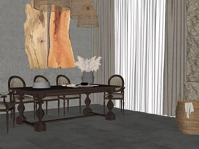 Dark Wooden Dining Table Set With Arched Chairs Woven Pendant Lights And Wooden Wall Art 3d model
