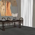 Dark Wooden Dining Table Set With Arched Chairs Woven Pendant Lights And Wooden Wall Art