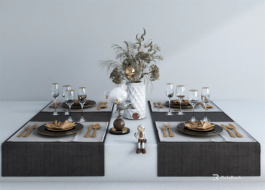 Elegant Tableware Set on Dining Table with Dark Placemats Glassware and Decorative Flowers 3d model