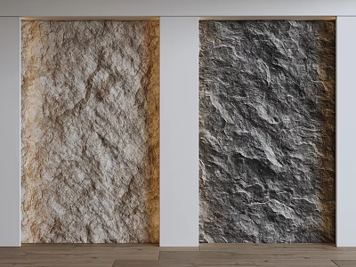 Light Beige And Dark Gray Stone Texture Accent Walls With White Frames And Wooden Floor 3d model